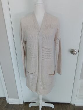 Beige Open-Front Knit Cardigan Sweater for Women